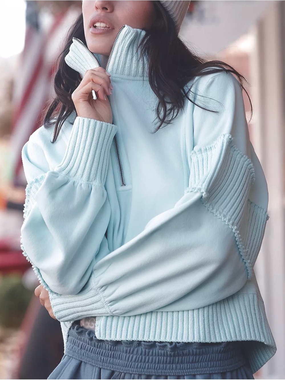 Daily practice by Anthropologie Pale Blue Ribbed Half-Zip Funnel Sweater
